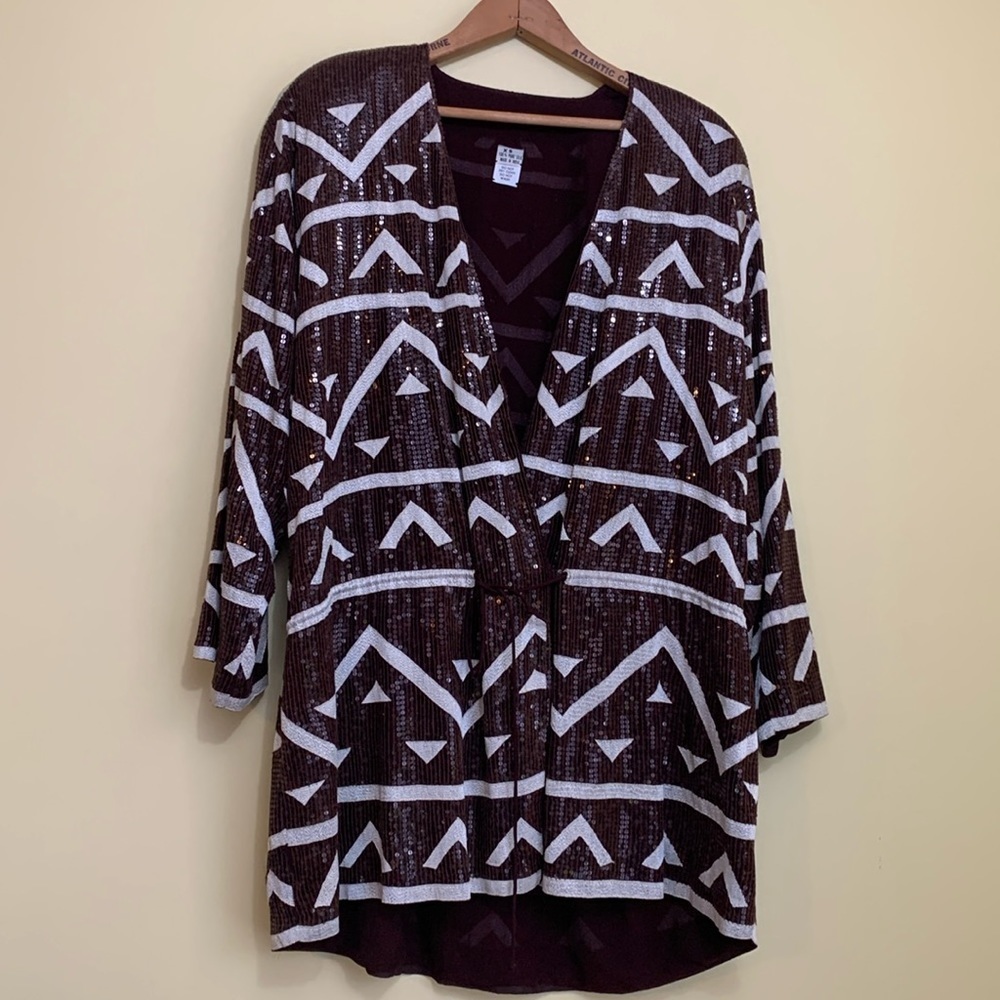 Vintage Fully Sequined Silk Brown White Aztec Design Surplice Tunic Dress XS
